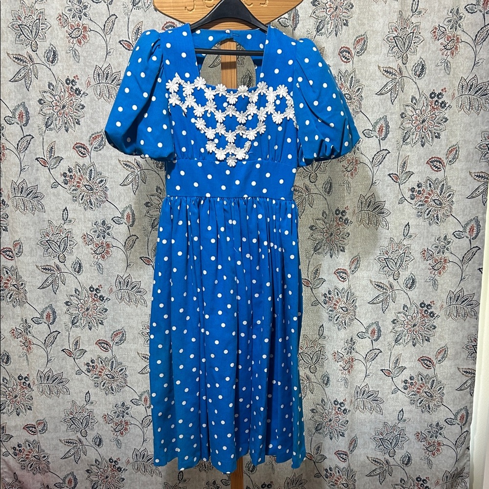 Blue Polka Dot Dress with Floral Accents